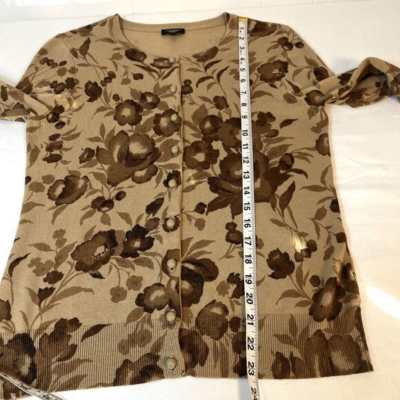 Talbots Women's Med Petite Floral Tan Cardigan Cotton Viscose Angora Sweater - Picture 7 of 10